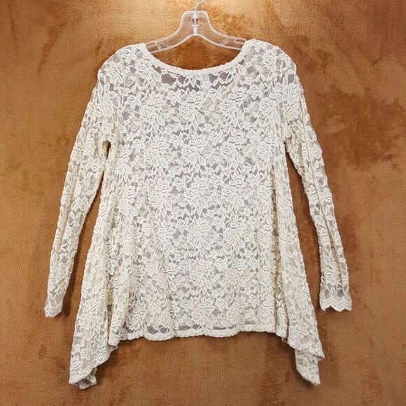 BAR III Top Womens XS Cream Pullover Lace Knit Asymmetrical Shark Bite Sheer - Picture 3 of 6